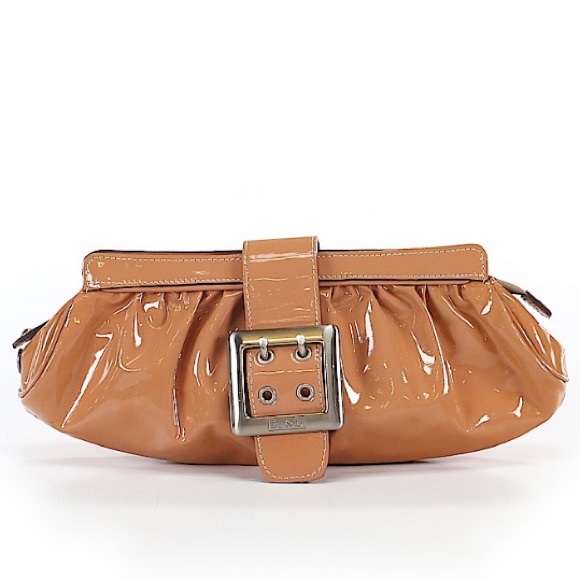 tan patent leather clutch
